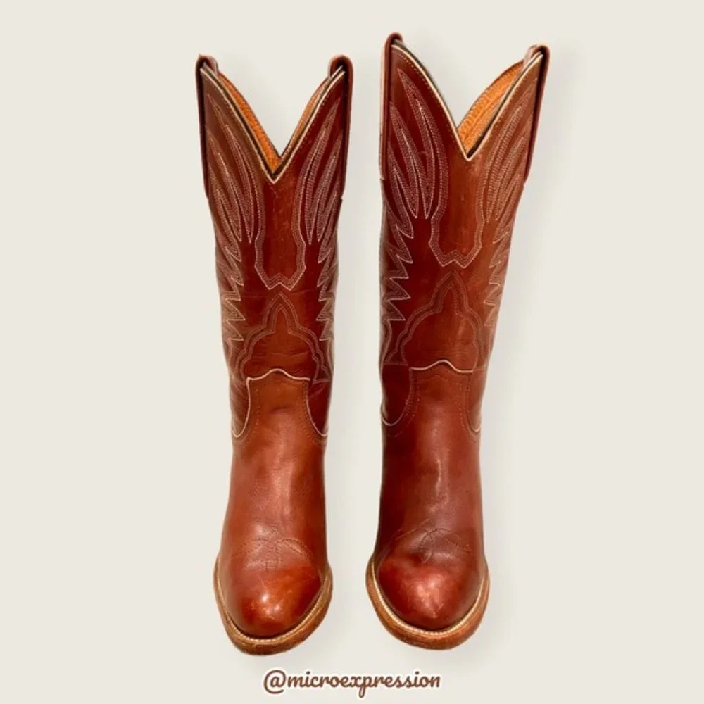 1990s VINTAGE Frye Billy Pull-On Cognac Leather Embroidered Festival Cowboy Boot